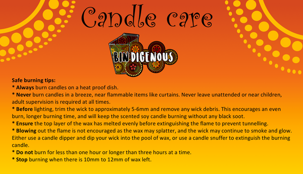 bindigenous large soy candle with Aboriginal art on lid candle care